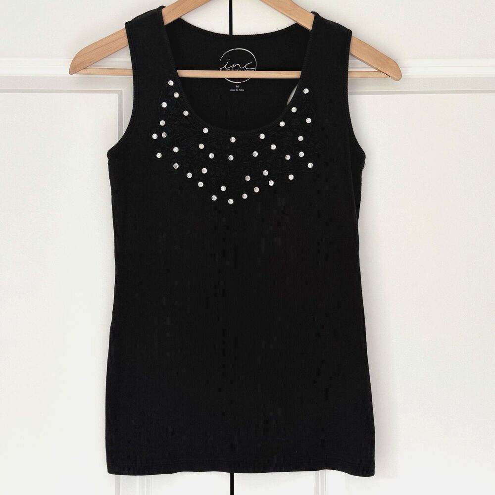 INC Shirt Womens Sleeveless Lace Beaded Tank Knit Pullover Black M